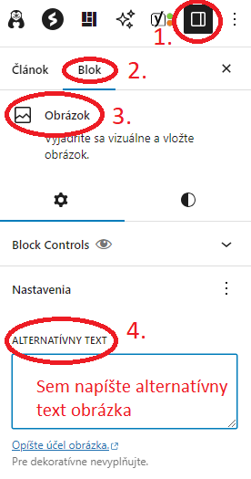 Pridávanie obrázkov do stránky cez Gutenberg blok obrázok - úprava alternatívneho textu.