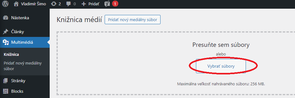 Pridávanie obrázkov vo WordPresse - nahrávanie obrázkov - krok 2